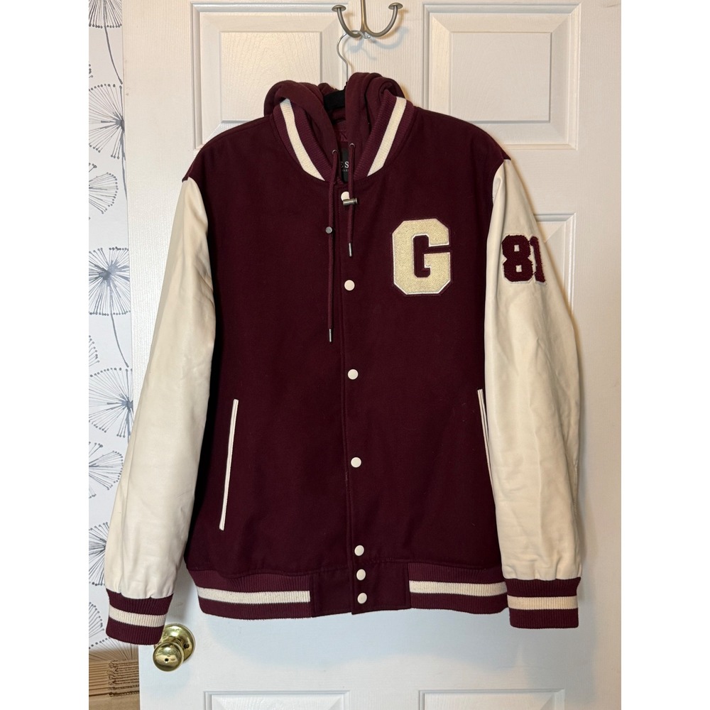 Guess Varsity Jacket XXL Hooded Letterman Burgundy Cream Streetwear Retro G 81